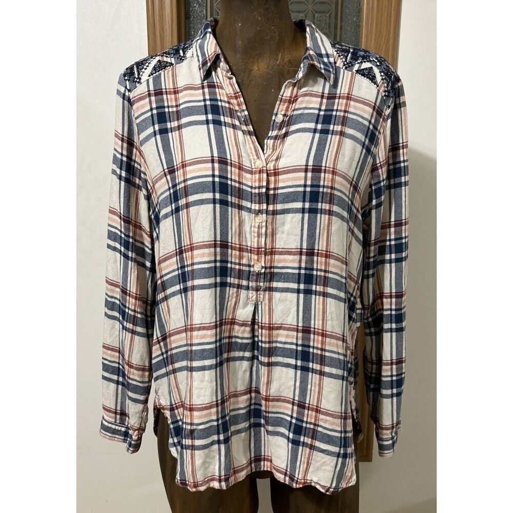 Lucky Brand Flannel Shirt Women’s Medium Embroidered Plaid Western